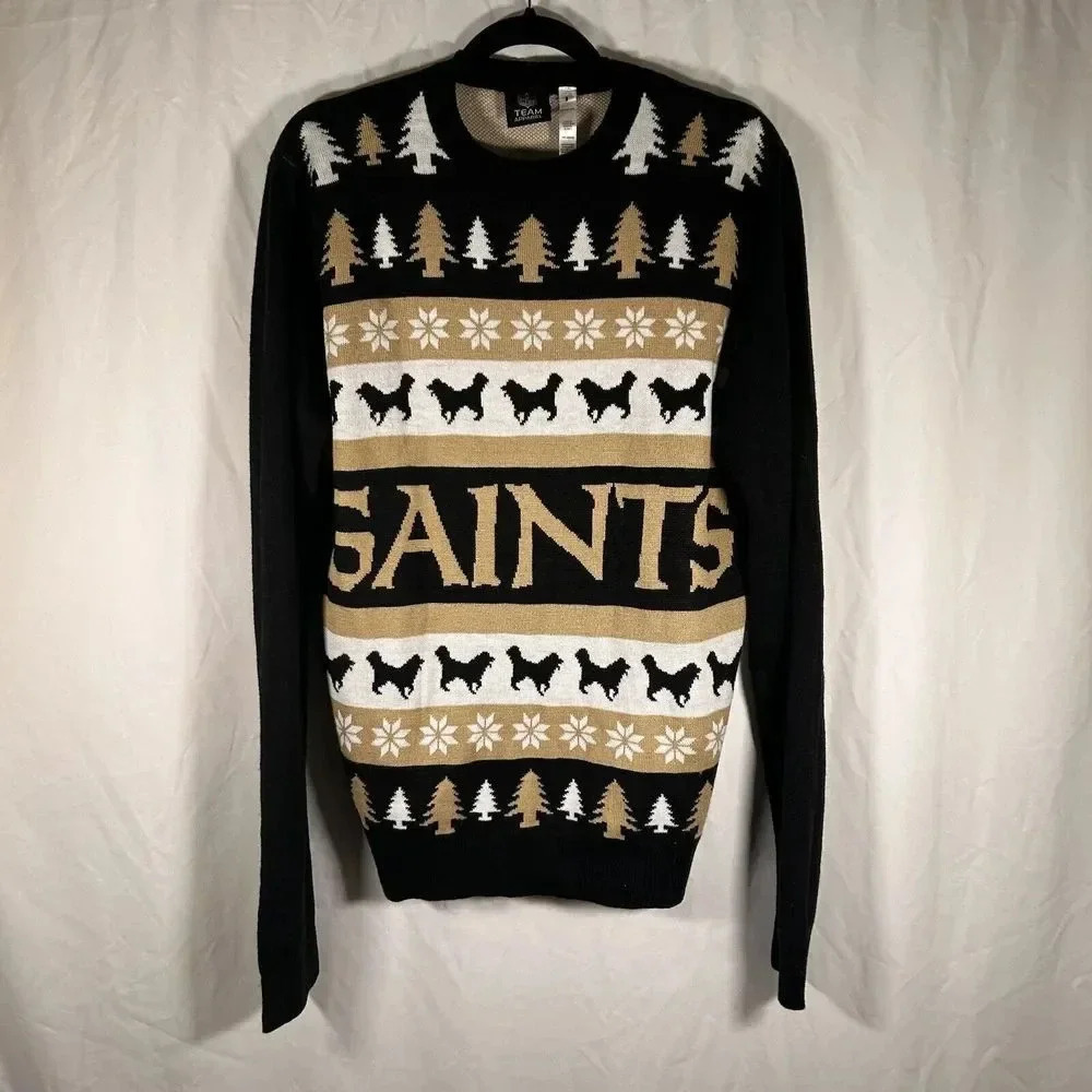 Saints Sweater Unisex Large Black Knit Christmas Long Sleeve Crew Neck